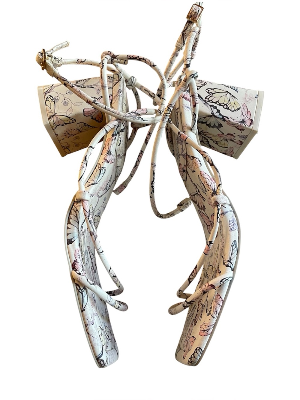 Butterfly Print Strappy Block Heel Sandals - Cream & Pink
